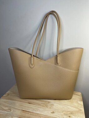 Pebbled Vegan Leather Tulip Tote Camel Tan Asymmetrical Bag Inner Hook Strap